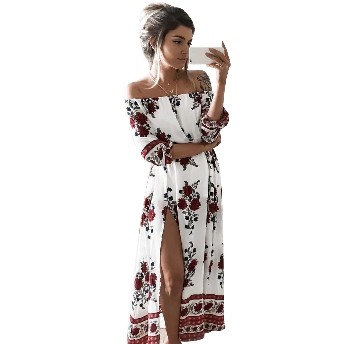 Женское пляжное платье бохо винтажное с цветочным принтом открытыми плечами