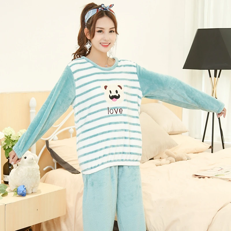 2019 зимние толстые теплые повседневные полосатые фланелевые пижамные комплекты