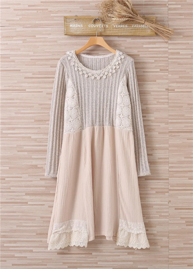 Women Retro Spring and Autumn Rural Style O Necked Long Sleeve Dress Knitting Patchwork Cotton Lace Dresses Y03567 | Женская одежда