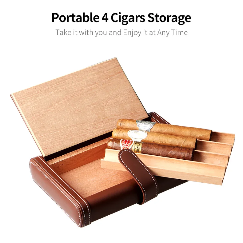 Чехол для ноутбука COHIBA, кожаный, для путешествий, для сигар, портативный, для сигар, содержит 4 сигары, изготовленные из искусственной кожи и кедрового дерева, HH-136