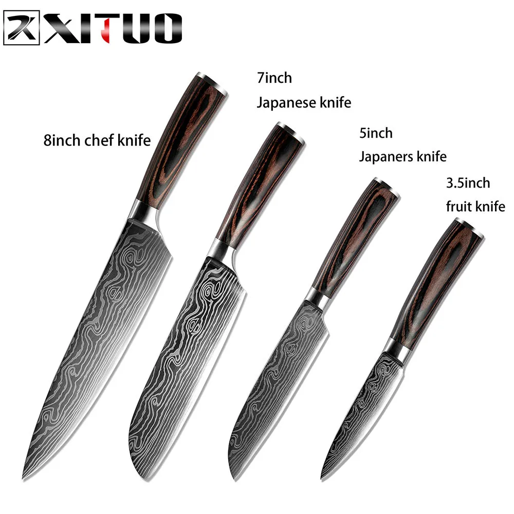 4PCS XITUO набор кухонных ножей, поварские ножи, инструменты для приготовления пищи, японский стиль, утилита, Кливер для очистки овощей, сантоку, цветная деревянная ручка, инструмент для очистки овощей - Цвет: 4PCS