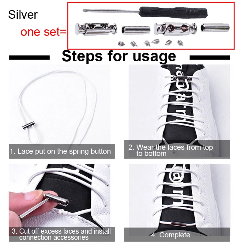 08-1 Silver 50 комплектов эластичных шнурков; шнурки с металлической пряжкой; Подходящие без галстука; кружевные тапочки для взрослых и детей; кружевные туфли с круглым носком на плоской подошве - Цвет: 08-1 Silver