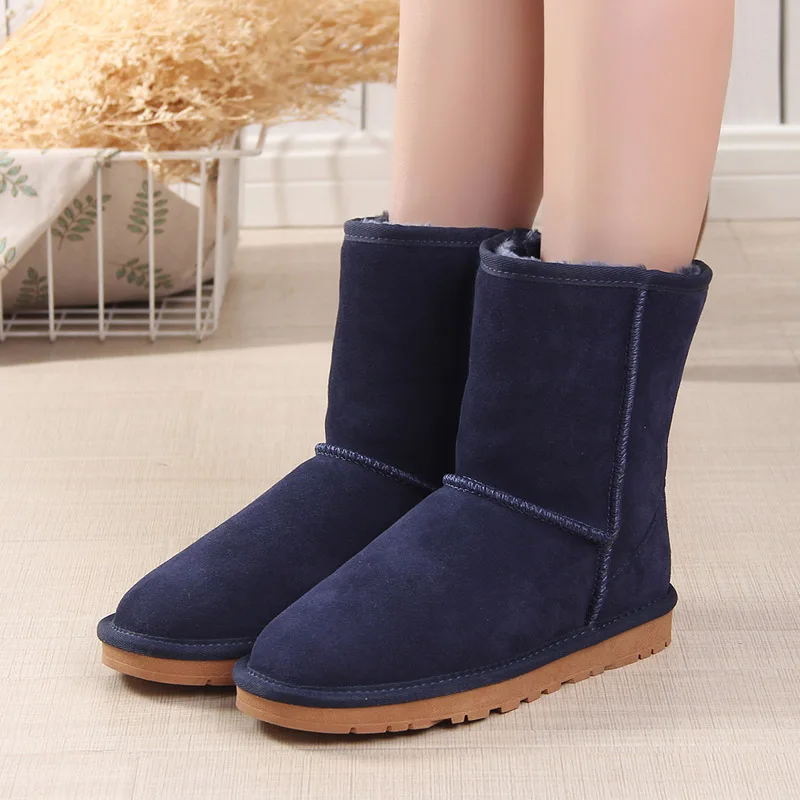 navy blue Стиль; зимние сапоги из натуральной воловьей кожи; водонепроницаемые зимние сапоги; модная женская обувь до середины икры; теплые сапоги - Цвет: navy blue
