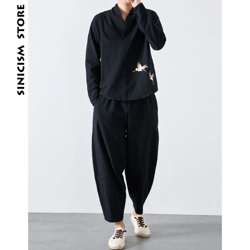 Sinicism магазине Для мужчин Crane Embroidery костюм 2018 s хлопок Винтаж черный с длинным