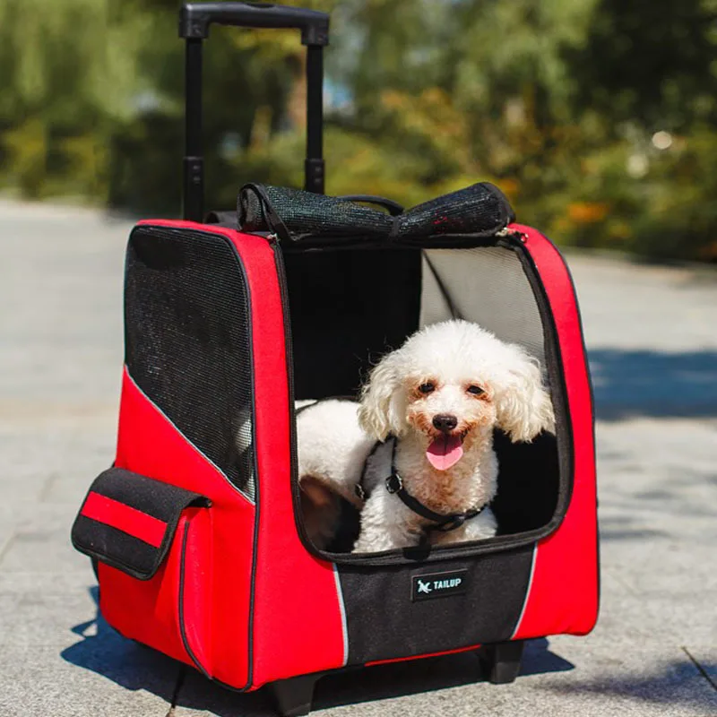 Small Pet Wheel Carrier Dog Cat Portable Strollers Backpack Breathable Puppy Roller Luggage Car Travel Transport Bag