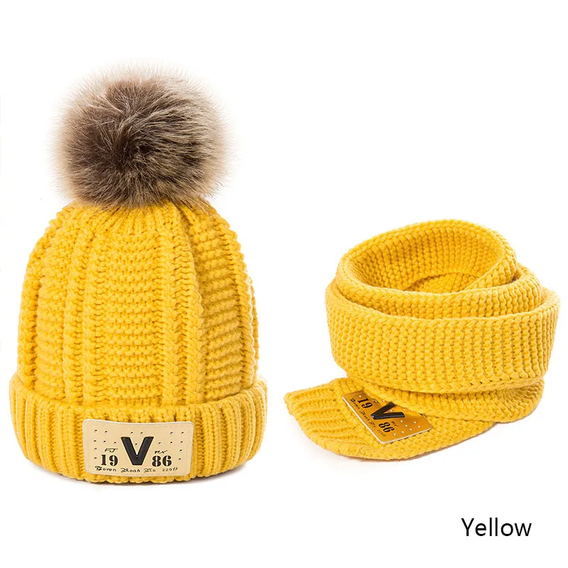 Yellow REAKIDS/Новые Детские шапочки, зимняя шапка, шарф, комплект, теплая вязаная шапка для мальчиков и девочек, хлопковая детская шапка с шарфом, шапочки, шапка, шарф - Цвет: Yellow