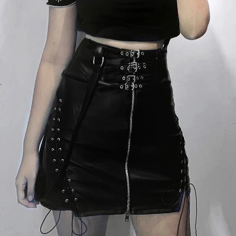 2019 Новая Летняя женская готическая мини повязная юбка черные подтяжки на молнии
