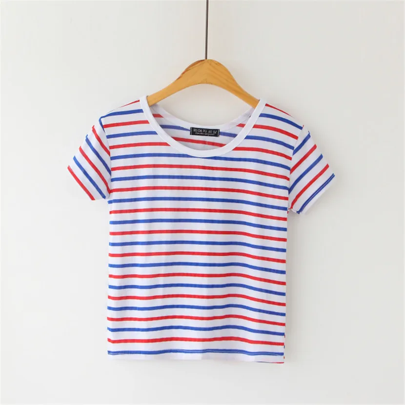 2019 new Women's crops top striped t shirt tops short-sleeve T-shirt & tees casual crop cotton cartoon | Женская одежда
