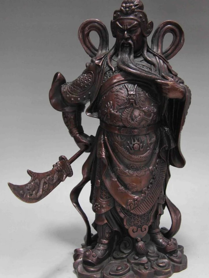 

10 Chinese Folk Red Copper Bronze Dragon Guan Gong Guan Yu Warrior Buddha Statue