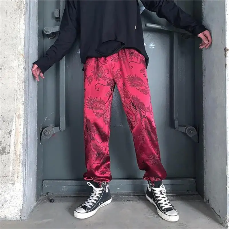 

Fashion casual summer loose retro dragon design streetwear men pants thin joggers hip hop homme straight sweatpants