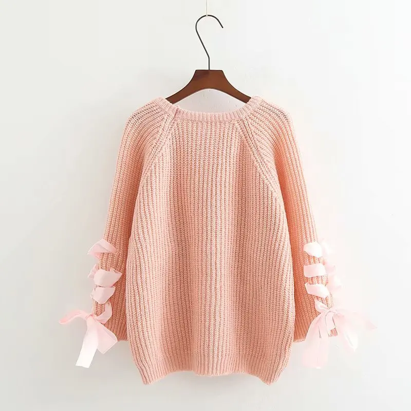 Woman Autumn And Winter Fashion Sweet Korean Version Of The New Handmade Bow Tie Lace Round Pullover Loose Knit Sweater | Женская одежда