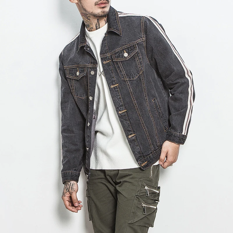 Мужская джинсовая куртка в полоску цвет черный|men's jean jacket|jacket qualityblack denim jacket |