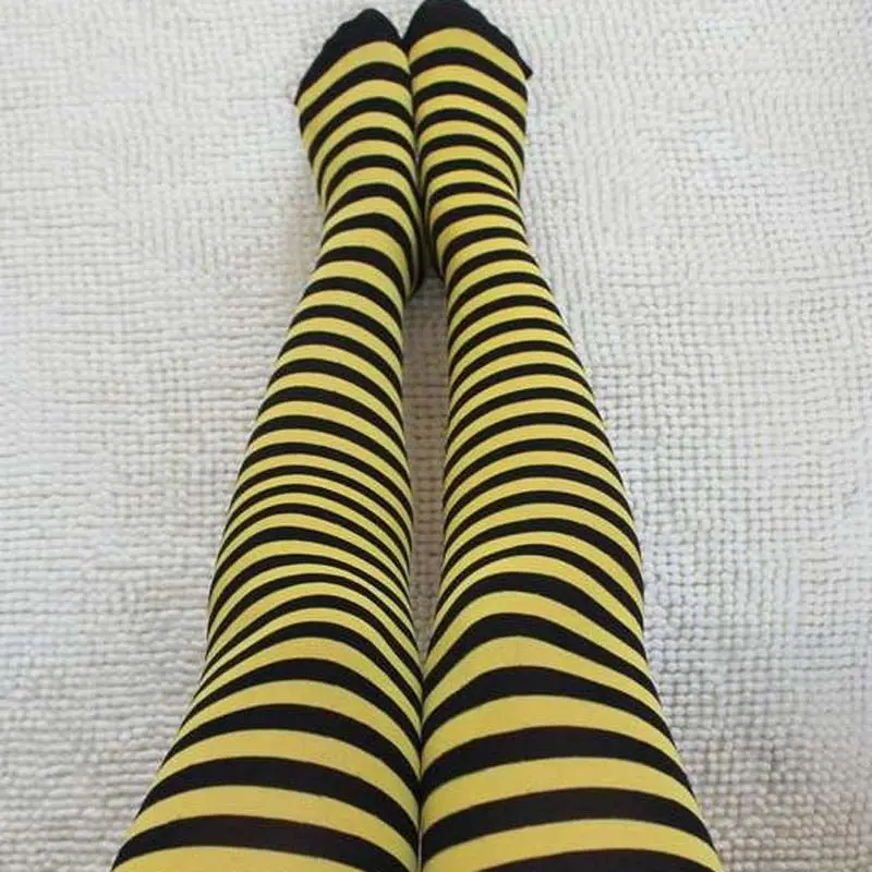 Yellow and Black 1 пара новых длинных носков выше колена в полоску с рисунком для женщин и девочек 7 цветов, милые теплые модные носки, Лидер продаж - Цвет: Yellow and Black