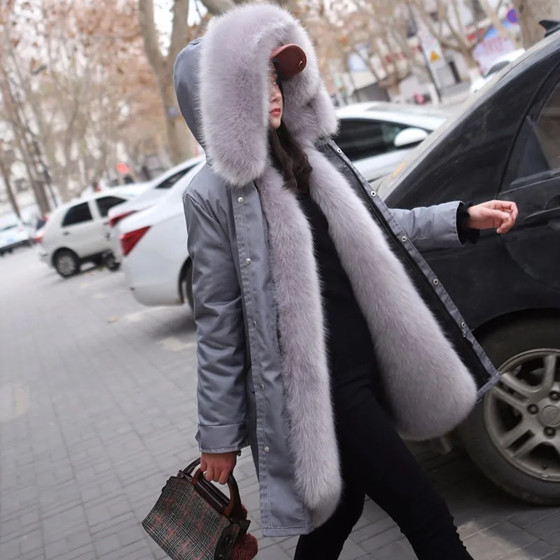Gray fur Женское пальто из лисьего меха, зима, новинка, теплая розовая подкладка, замшевый мех, камуфляж, Толстая куртка с капюшоном, воротник, парка, плюс размер, верхняя одежда, PJ313 - Цвет: Gray fur