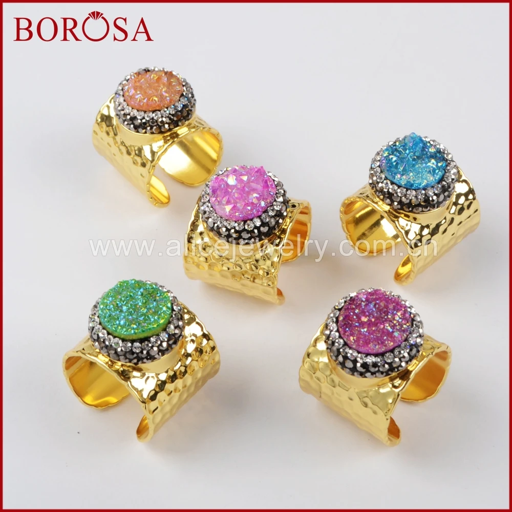 BOROSA 6 шт. Друза круглая Радуга титановая Золотое кольцо мода смешанных цветов