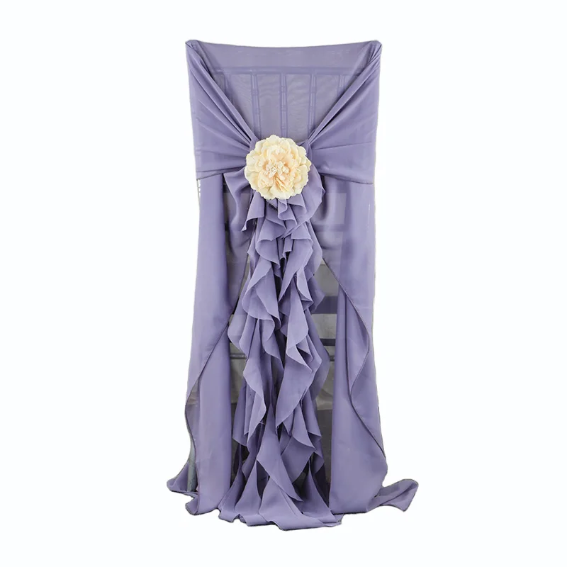 

High Quality Chiffon Chair Cover Hoods with Willow Curly Sashes for Wedding events decoration Fancy Chiffon Chair Cover Caps