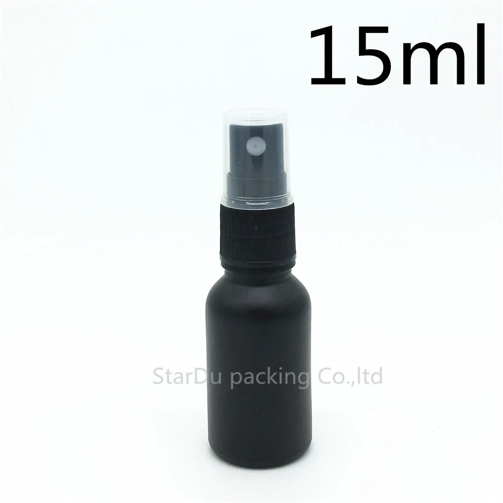 

Free Shipping 500pcs 15ml Black Frosted Glass Bottle With Black Plastic sprayer,15cc Essential Oil Spray Perfume Bottle