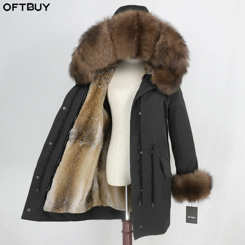 OFTBUY, зимняя куртка для женщин, натуральный мех, пальто, водонепроницаемая парка, натуральный Лисий мех, воротник, манжеты, мех кролика, подкладка, верхняя одежда, съемная, Новинка