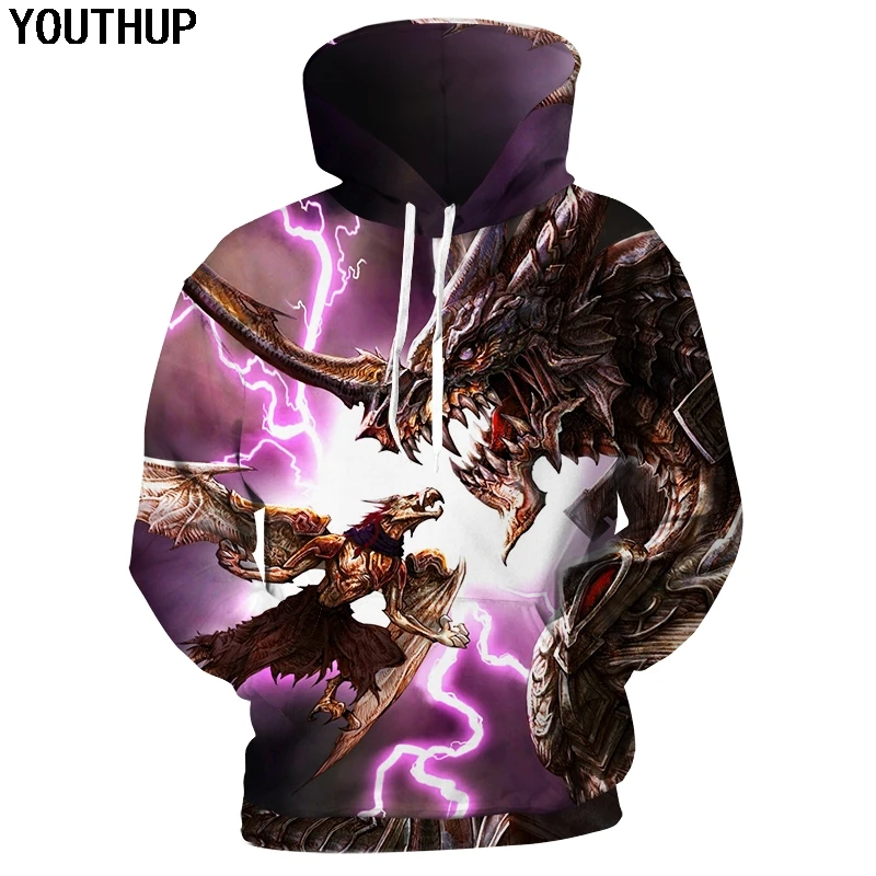 YOUTHUP 2020 новые 3d толстовки для мужчин дракон динозавр принт мужские с капюшоном