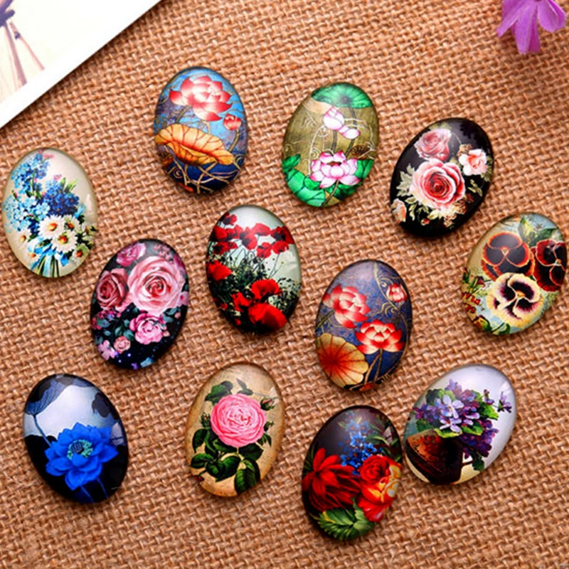 

13*18/18*25/30*40mm Beautiful Flowers Pattern Ellipse Handmade Photo Glass Cabochons & Glass Dome Cover Pendant Cameo Settings