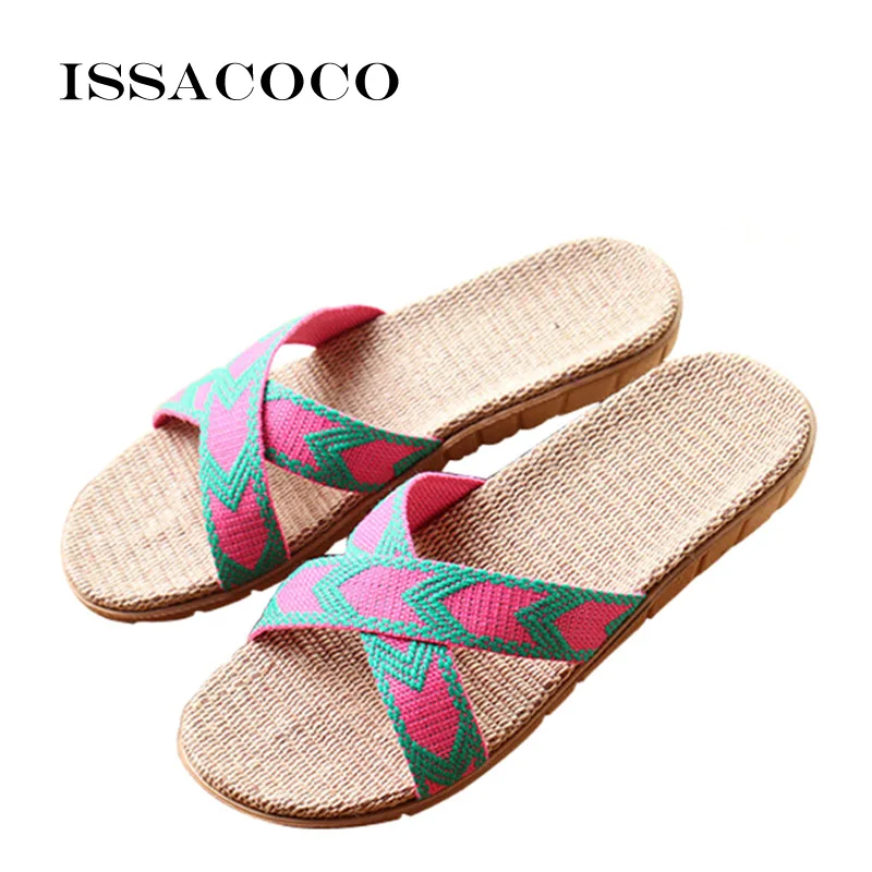 

ISSACOCO 2020 Women's Summer Cross-tied Linen Slippers Flat Canvas Non-slip Flax Slippers Beach Flip Flops Bathroom Slippers Hot