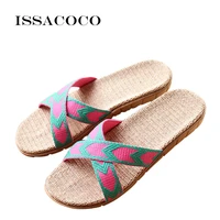 issacoco 2020 womens summer cross tied linen slippers flat canvas non slip flax slippers beach flip flops bathroom slippers hot