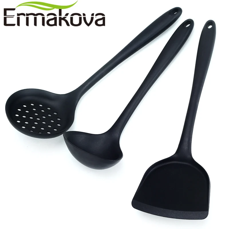 ERMAKOVA 3 шт./компл. антипригарный силиконовый Тернер шпатель шумовка суповая ложка из термостойкого Кухня Пособия по кулинарии посуда(черный