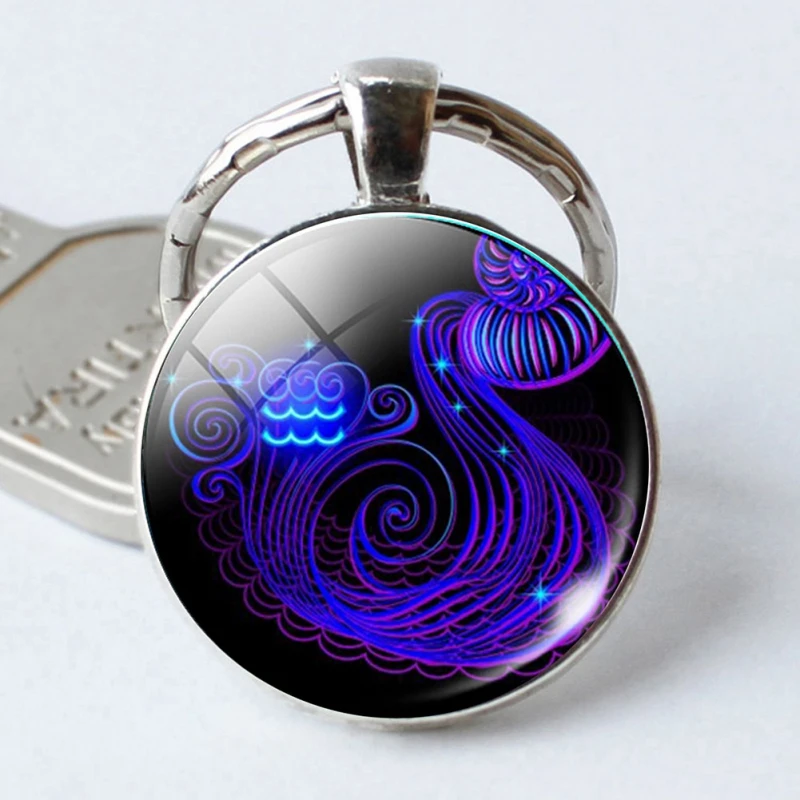 Car 12 Constellation Leo Virgo Key Chains Glass Cabochon Pendant Zodiac Sign Rings Silver Bag Keychain Special | Автомобили и