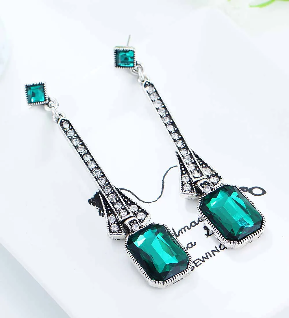 YaYi Green Glass White Rhinestone Long Dangle Earring Women's Fashion Ancient Silver Earrings gems For Women Girls | Украшения и