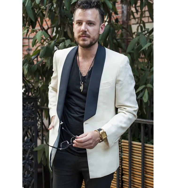 

New men's suit beige shawl lapel casual groom custom beach dress men's tuxedo 2 coat + pants slim suit