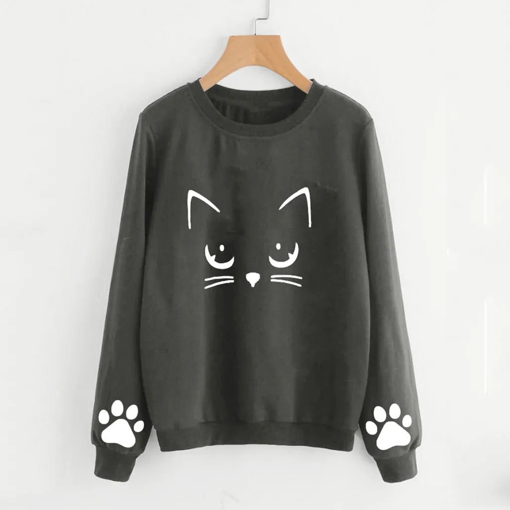 Gray Autumn Winter Women Hoodies Cat Print O Neck Ladies Sweatshirt Casual Long Sleeve Regular Blouse Tops Loose Pullover - Цвет: Gray