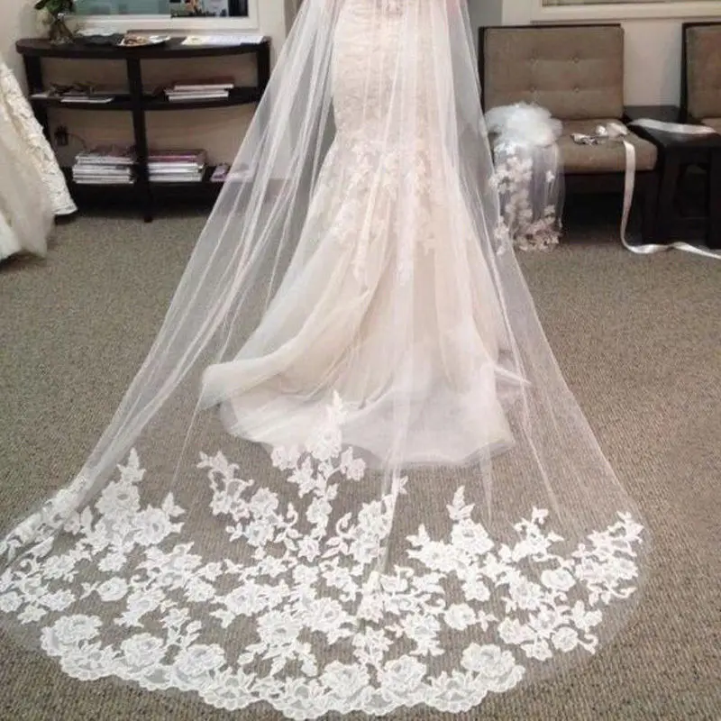 Распродажа новинка 1 слой белая Длинная фата с кружевными краями свадебная