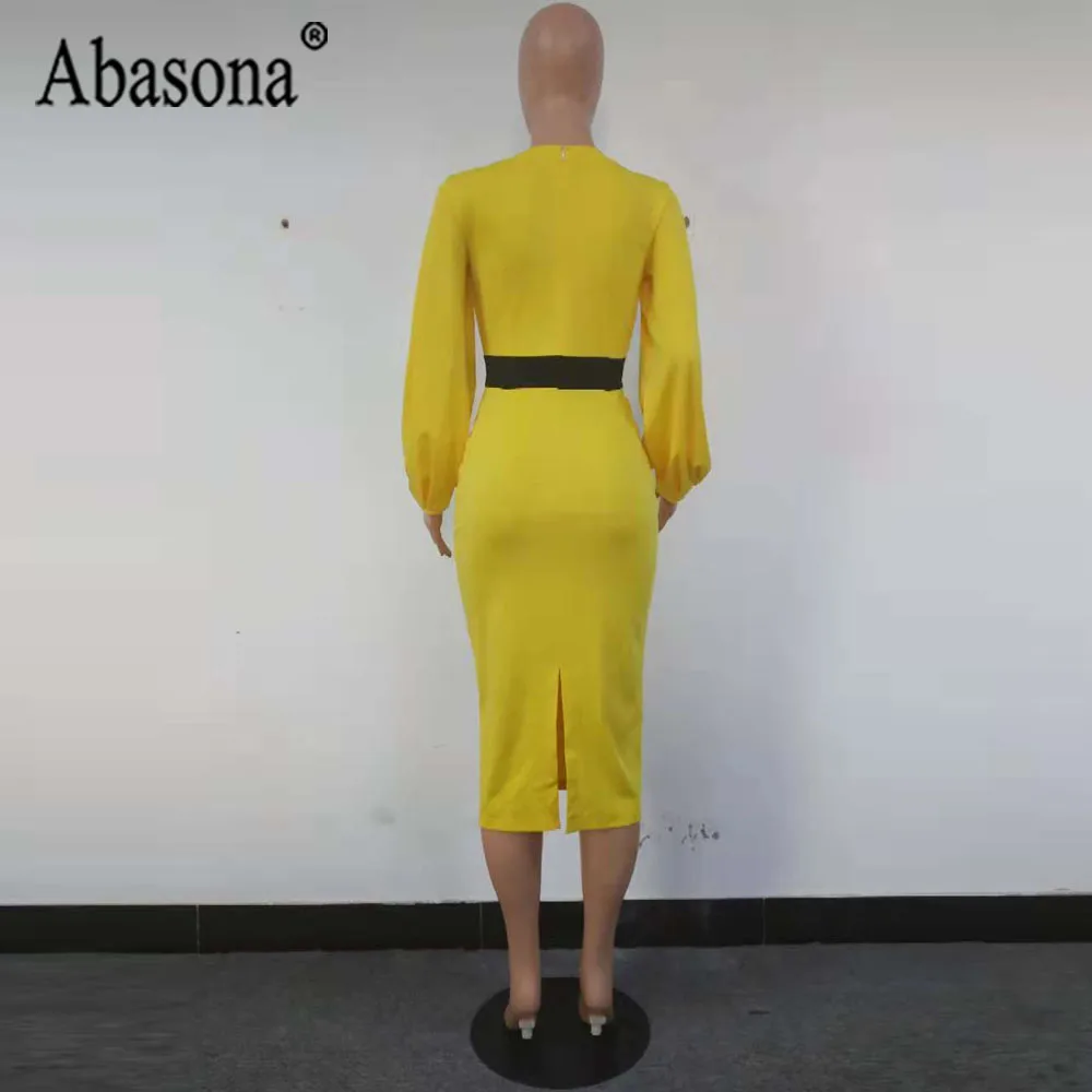 Abasona желтые юбки-карандаш платье Для женщин с длинными рукавами и круглым вырезом Разделение женские тонкий женское платье-миди модный пэчворк элегантные Платья для вечеринок