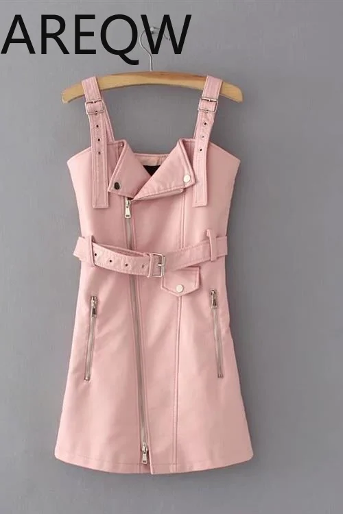 Женское платье 2018 осень зима из искусственной кожи черный розовый слинг тонкий