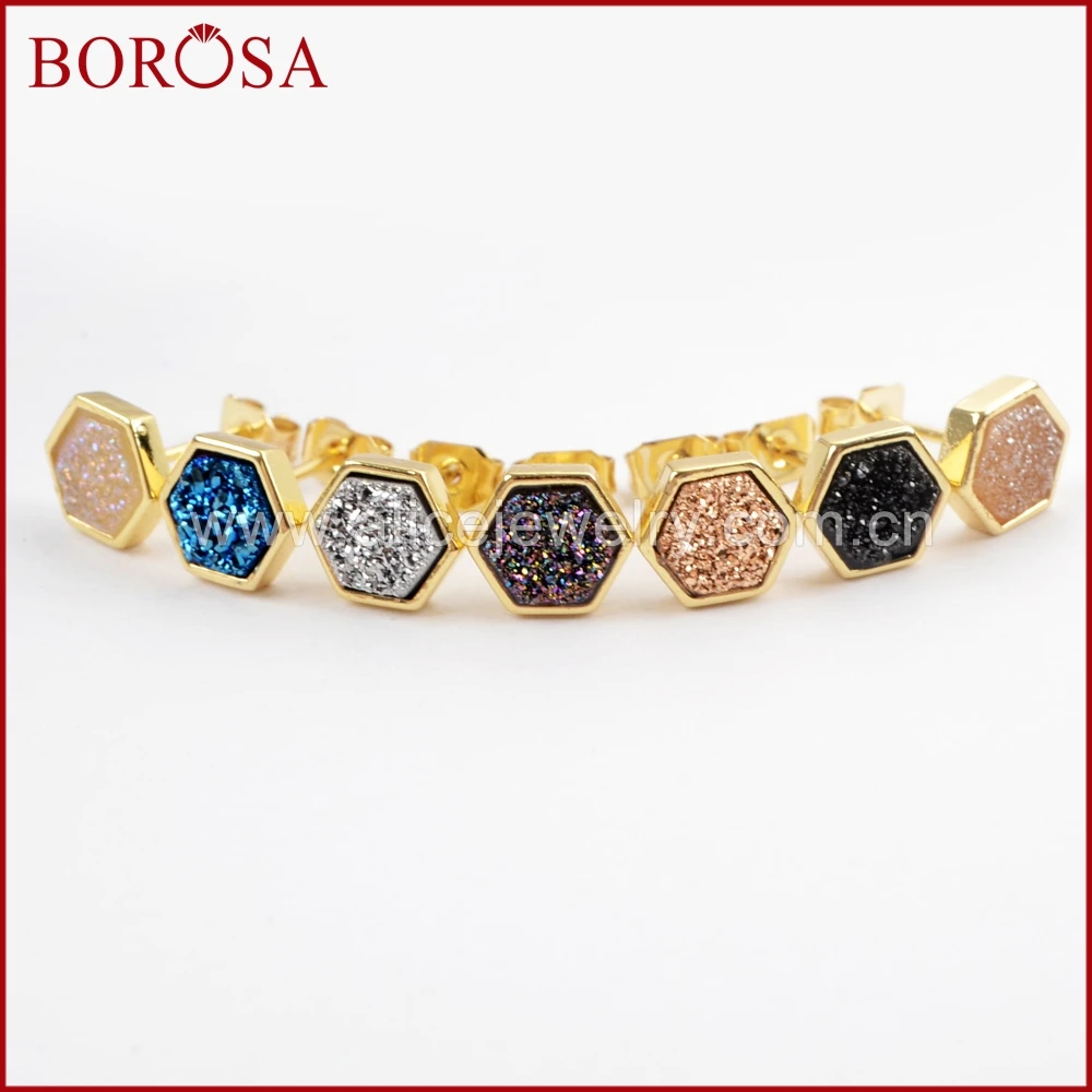 BOROSA 5/10 пар в комплекте; огранка золотого цвета с шестигранной головкой Радужный Титан Druzy Стад Серьги, Модные Ювелирные изделия, серьги из друзы для Для женщин ювелирные изделия ZG0275