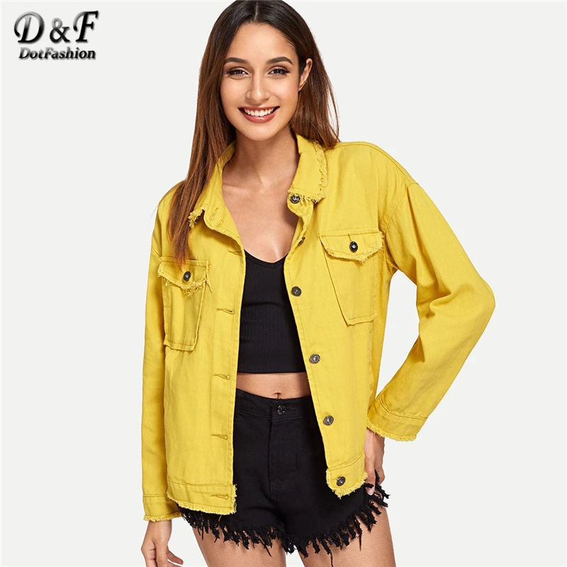 Dotfashion желтый однобортный джинсовый пиджак для женщин Осенняя модная повседневная женская одежда пальто Весенняя простая верхняя одежда
