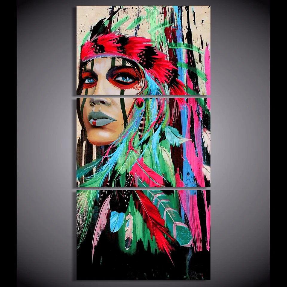 

HD printed 3 piece canvas art native Indians feathered warrior Painting wall pictures for living room Free shipping/NY-7233D