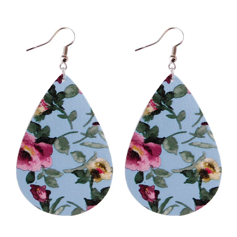 

ZWPON Fashion Printed Flowers Leather Teardrop Earrings Bohemia Flower Pattern PU Leather Drop Earrings for Woman Female Jewelry