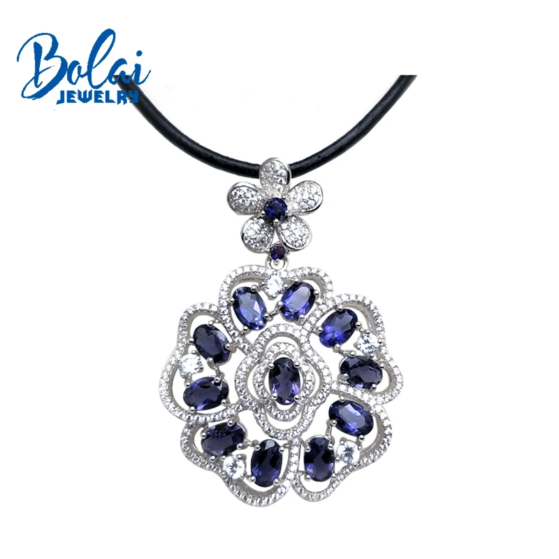 

bolaijewelry,Natural Gemstone iolite leather chord pendant & necklace in 925 sterling silver fine jewelry for woman best gift