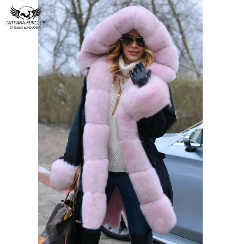 Tatyana Furclub новая парка из натурального меха Черная куртка с воротником из натурального Лисьего меха и подкладкой из кроличьего меха пальто для женщин Толстая теплая парка