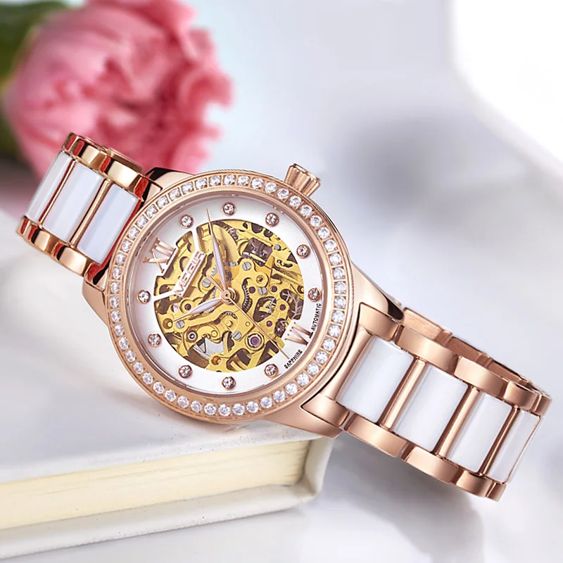 Керамические женские механические наручные часы MEGIR Diamond роскошные