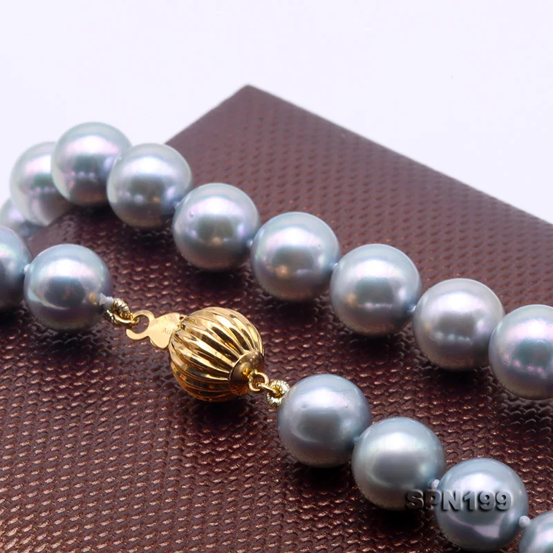 

Unique Pearls jewellery Store Perfect Top Quality AAA 9-9.5MM Gray Color Akoya Pearls Necklace Round Gold Ball Clasp
