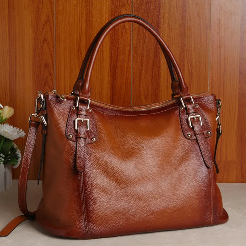 Сумка-тоут женская из натуральной воловьей кожи модный вместительный саквояж на