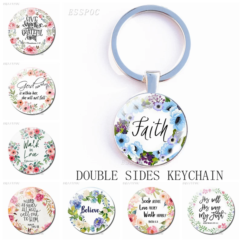 

Religious Bible Verse Double Faces/Sides Key Chain Glass Cabochon Jewelry Jesus God Pendant Key Ring Women Men Christian Gifts