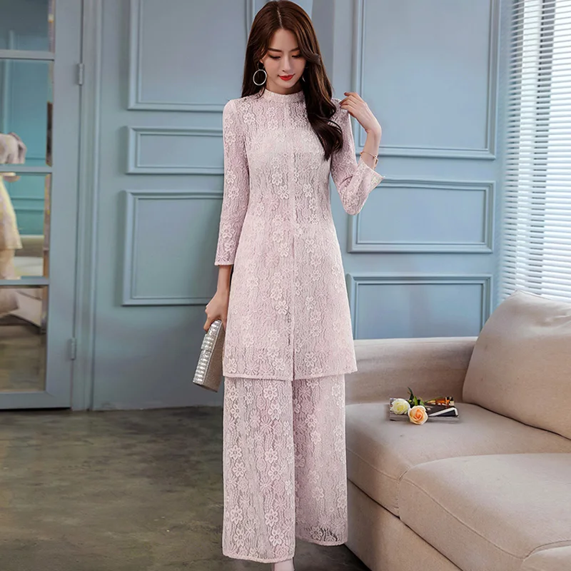 

New Arrival Full 2021 Spring New Lace Suit Pure Color Temperament Ladies Long Shirt + Wide Leg Pants Fashion Two-piece Female