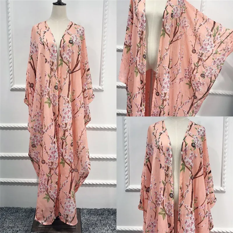 

2020 Abaya Dubai Floral Print Peach Blossom Asymmetrical Ramadan Moroccan Kaftan Eid Mubarak Islamic Clothing