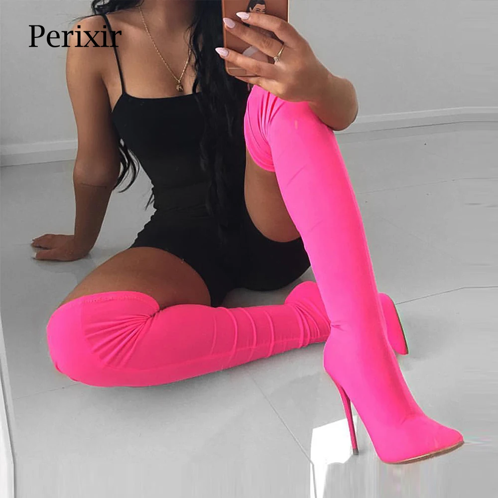 

Perixir 2020 Fashion Color Customized Stretchy Lycra Sock Boots Pointy Toe Over-the-Knee Heel Thigh High Pointed Toe Women Boots