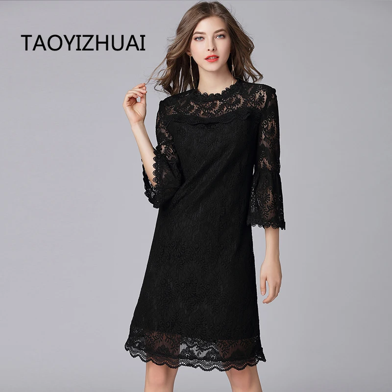 TAOYIZHUAI осеннее женское черное платье большого размера с расклешенными рукавами и воротником на молнии повседневное кружевное платье для женщин 16089