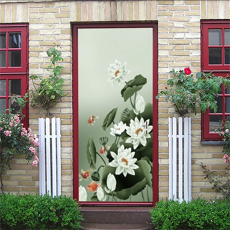 Окрашенные новые настенные двери Lotus Koi шаблон наклейки Diy самоклеющиеся