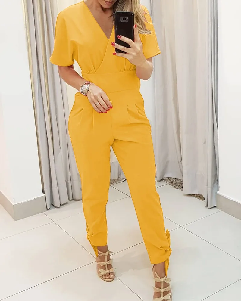 

Office Lady Short Sleeve V Neck Tied Detail Jumpsuit Women Pockets Lace up Leg Rompers Fashion Bodysuit Femme Overalls